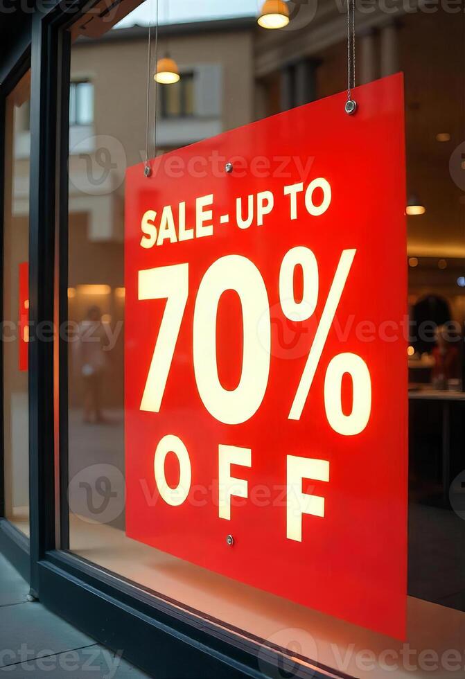 A red sign hanging on a glass door that says SALE - UP TO 70 percent OFF with a blurred background of a store photo