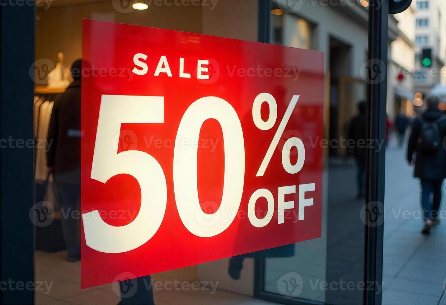 A red sign on a glass door with the words SALE and 50 percent OFF in white letters, in front of a store photo