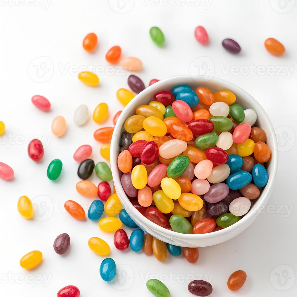 Top view, A bowl of colorful jelly beans scattered around., isolated on a white background photo