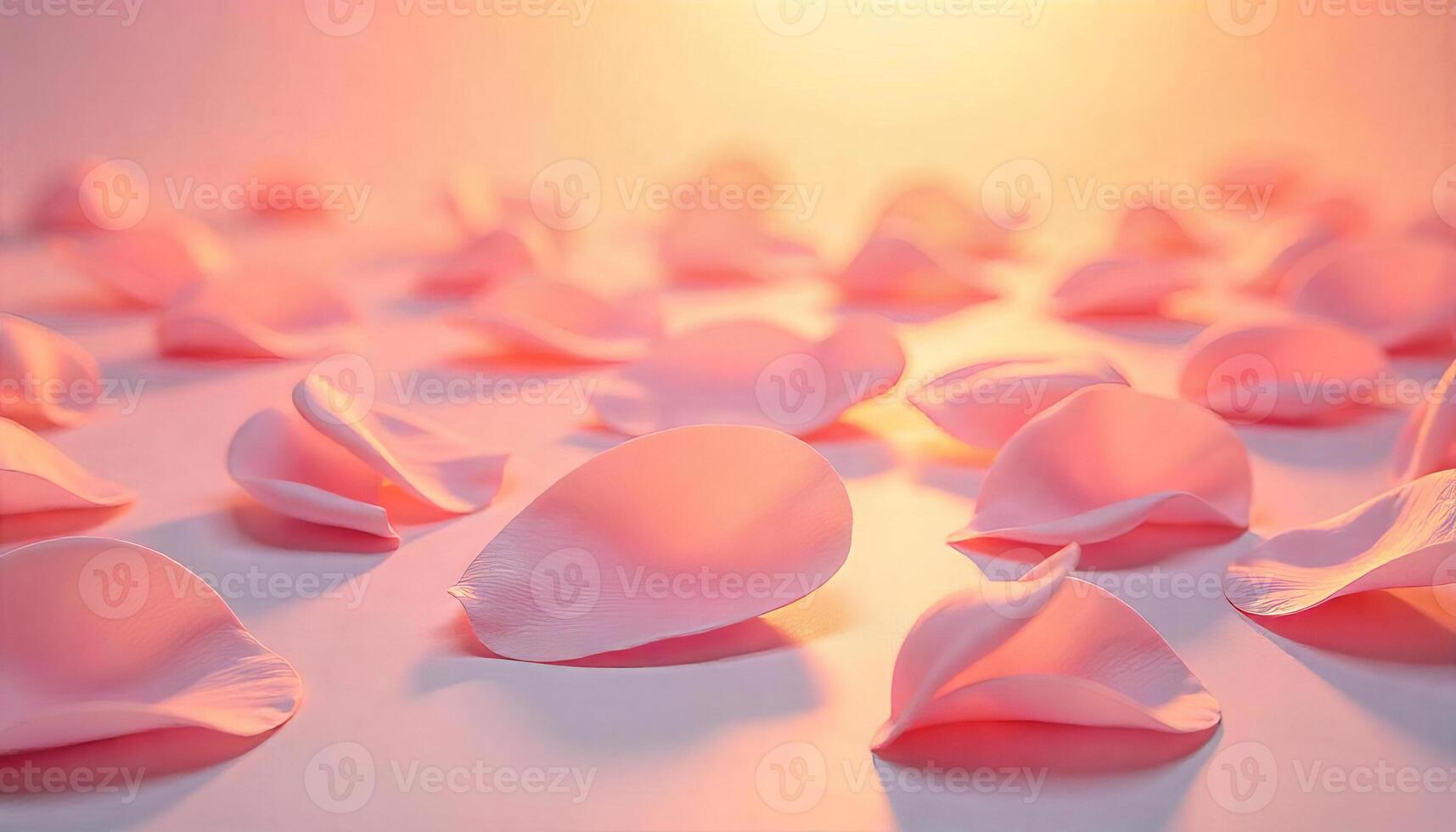 Many pink rose petals scattered on a white surface, soft lighting, romantic atmosphere, minimalist composition, warm color palette, shallow depth of field photo