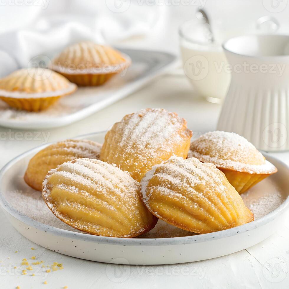 A plate of golden madeleine cakes with their signature scallop shell shape, dusted lightly with powdered sugar, displayed on a white background photo