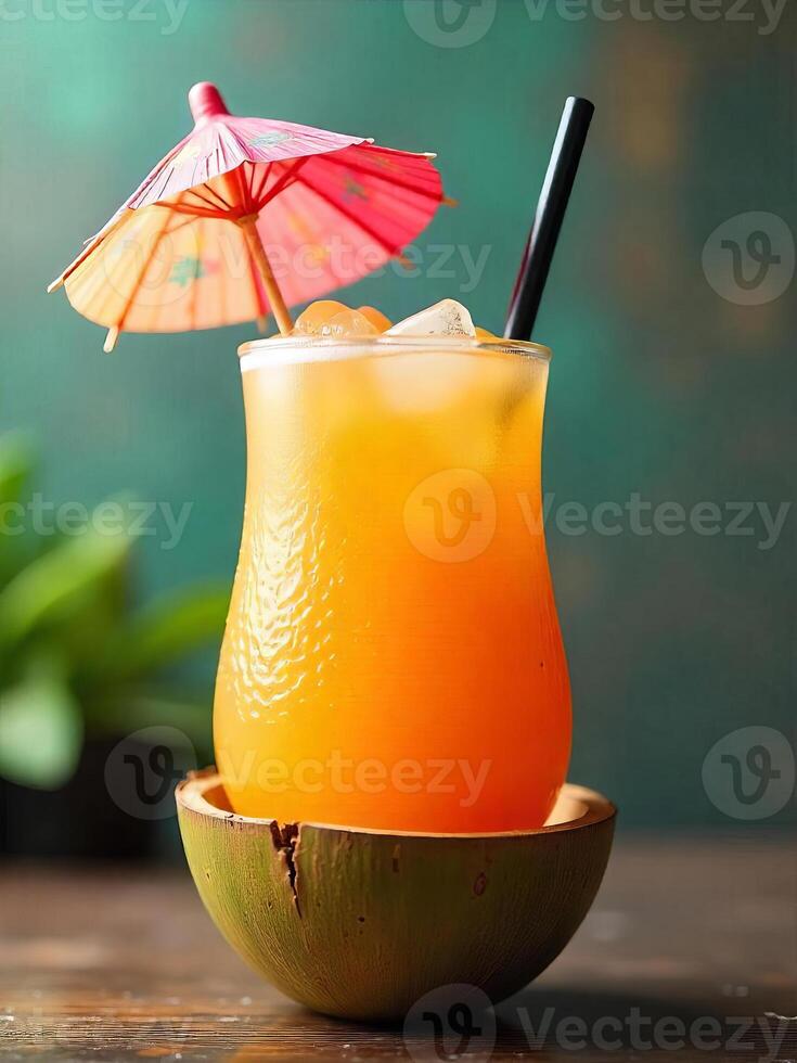 Orange cocktail with ice and a small umbrella on a coconut shell with a straw, green plant in the background photo