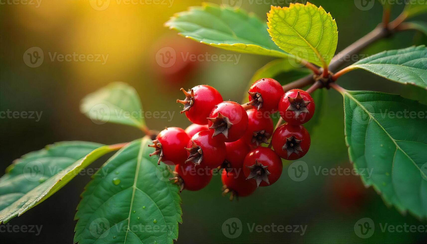 Close-up of wild berry cluster with deep red berries and vibrant green leaves, glistening with morning dew in a temperate forest, early autumn.-topaz-enhance-3.4x photo