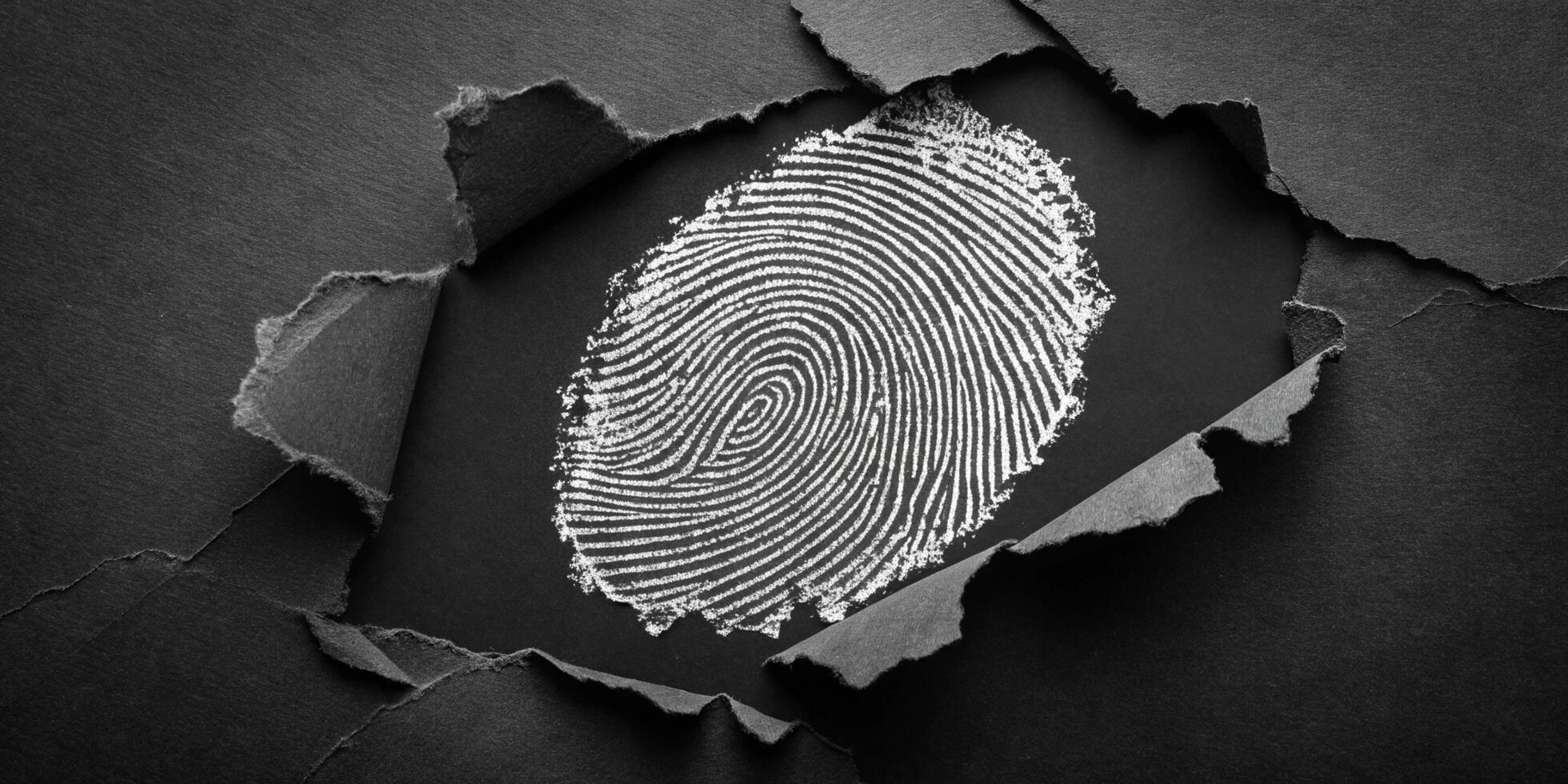 Fingerprint reveal business concept, identity or security in a torn black paper background for data protection or evidence photo
