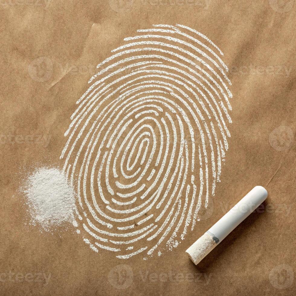 Fingerprint sketched with white chalk and white powder on brown paper for business use photo