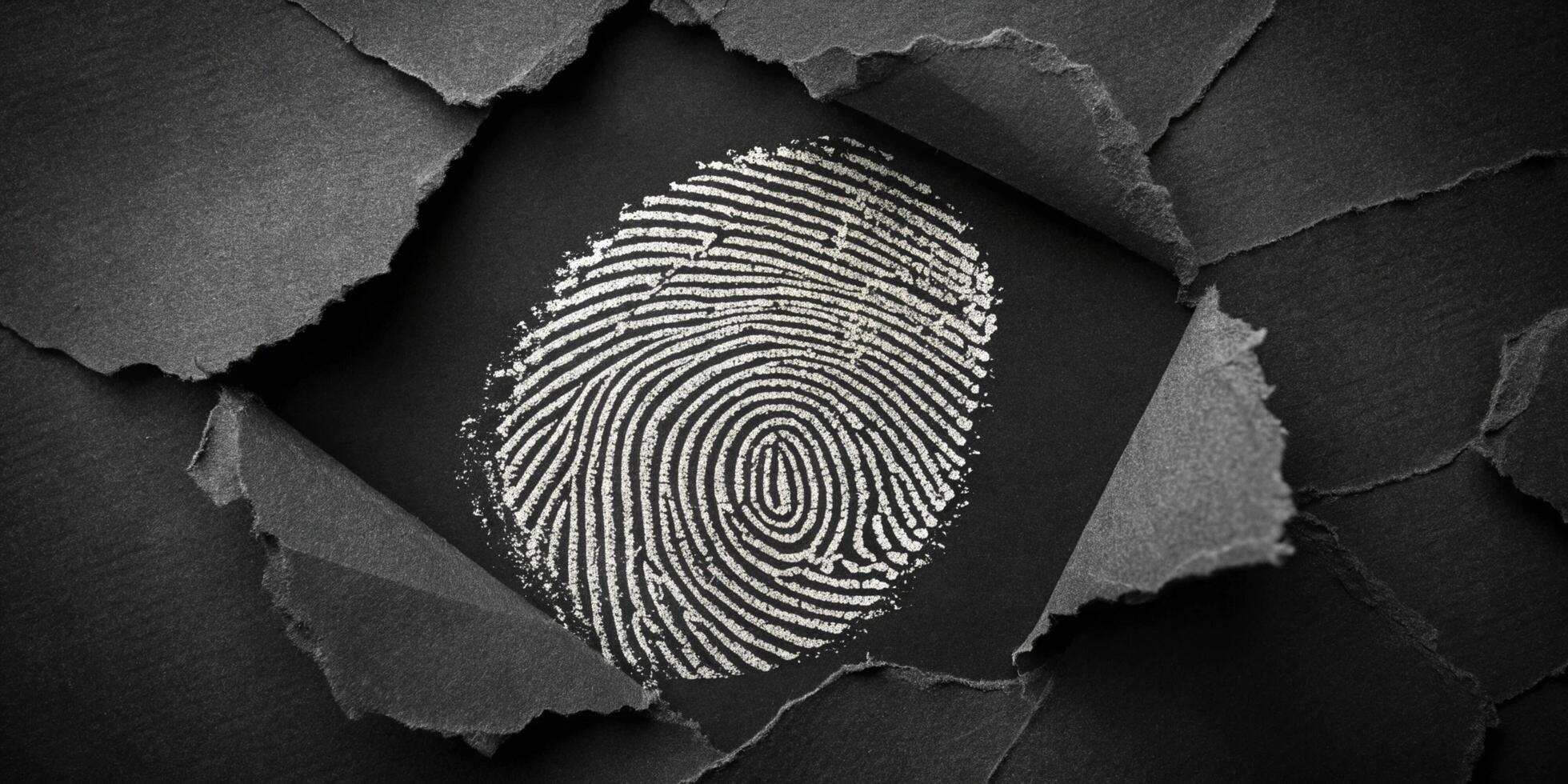 Unique Identity and Security Concept with Fingerprint on Black Ripped Paper for Business photo