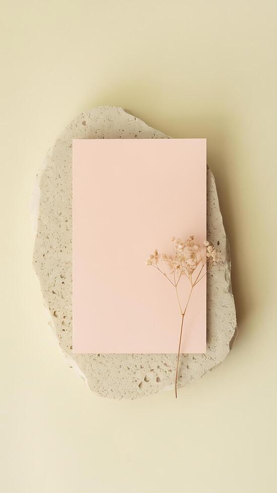 Minimalist Business Card Mockup with Dried Flower and Natural Stone photo