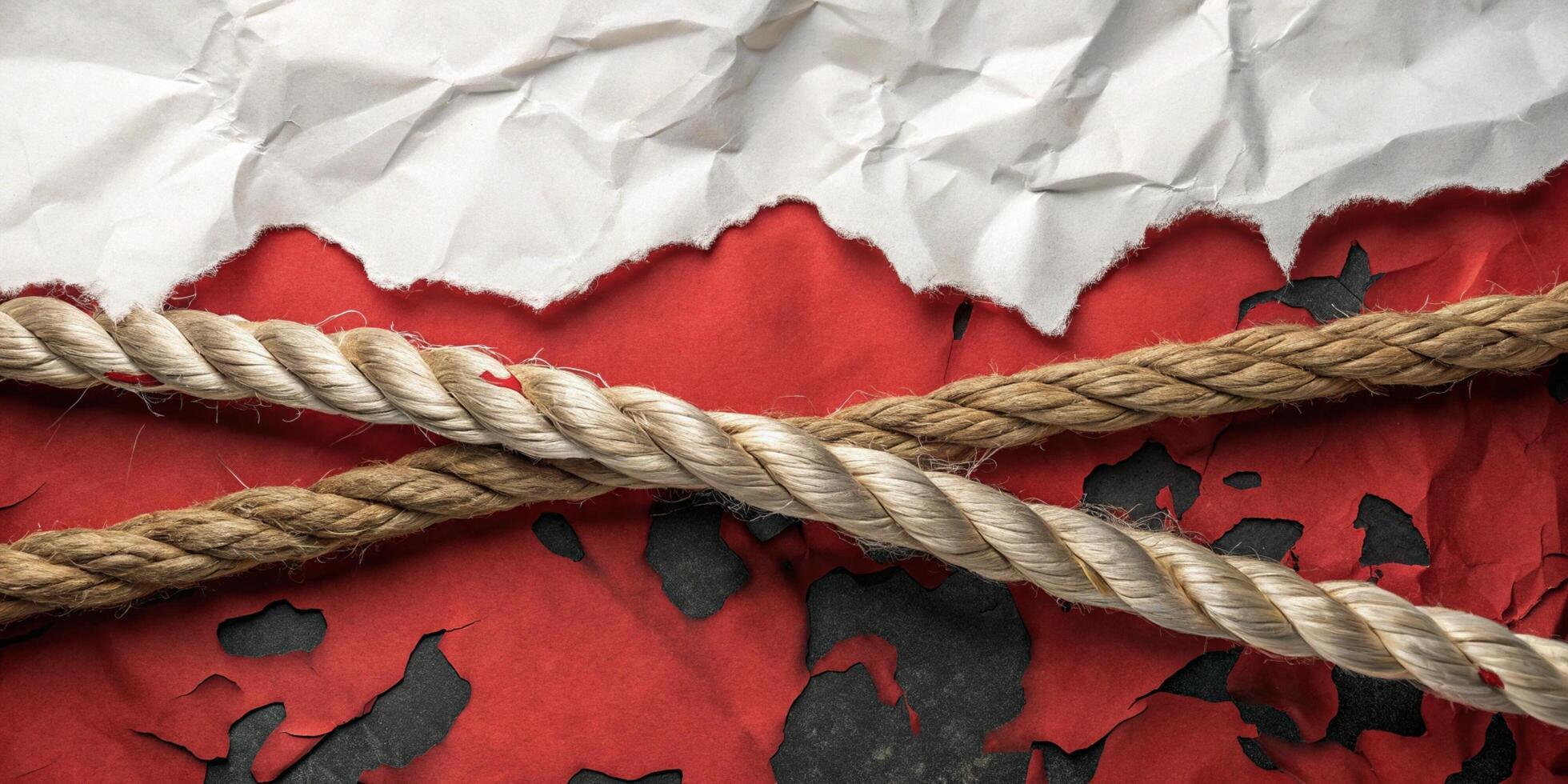 Two ropes cross on a red and white textured background perfect for business presentations and designs photo