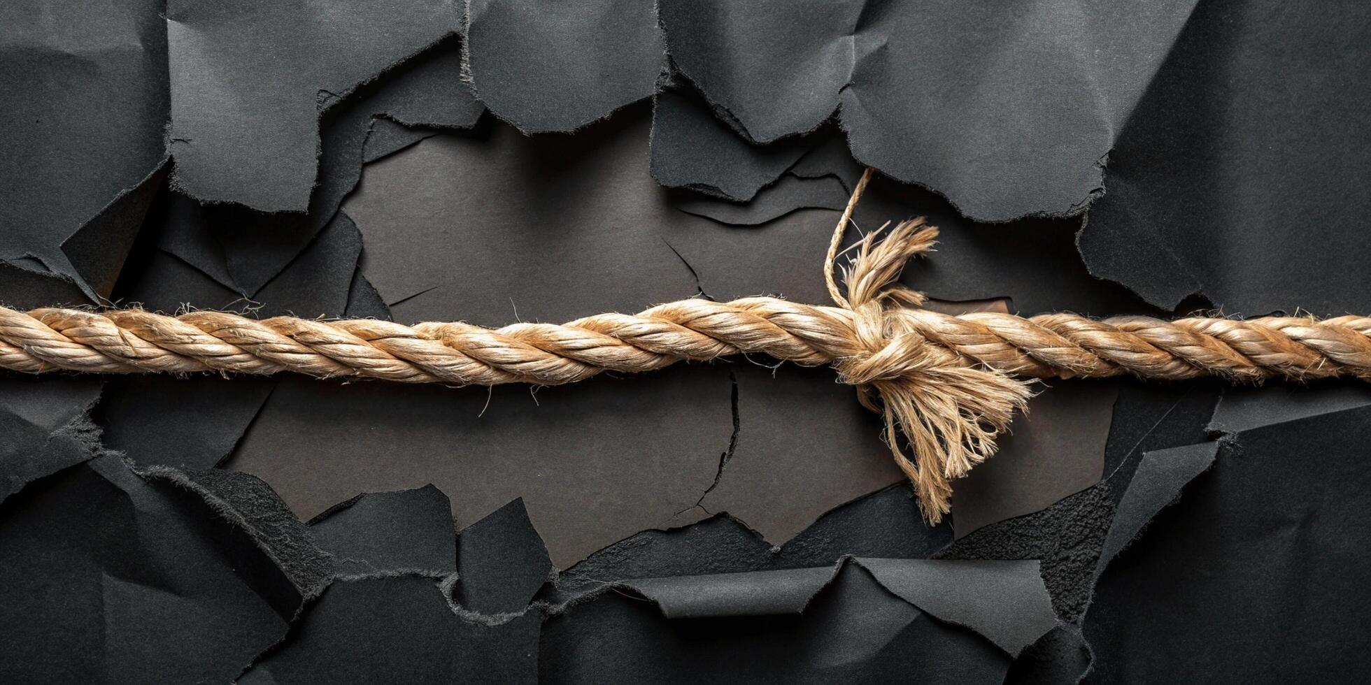 A brown rope lies horizontally across a torn black paper background representing strength for business use photo
