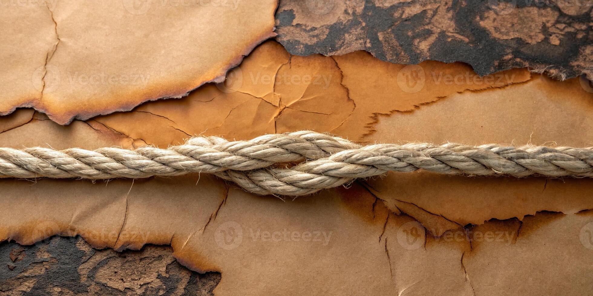 A knotted rope lies across burnt edges of parchment creating a textured business backdrop photo