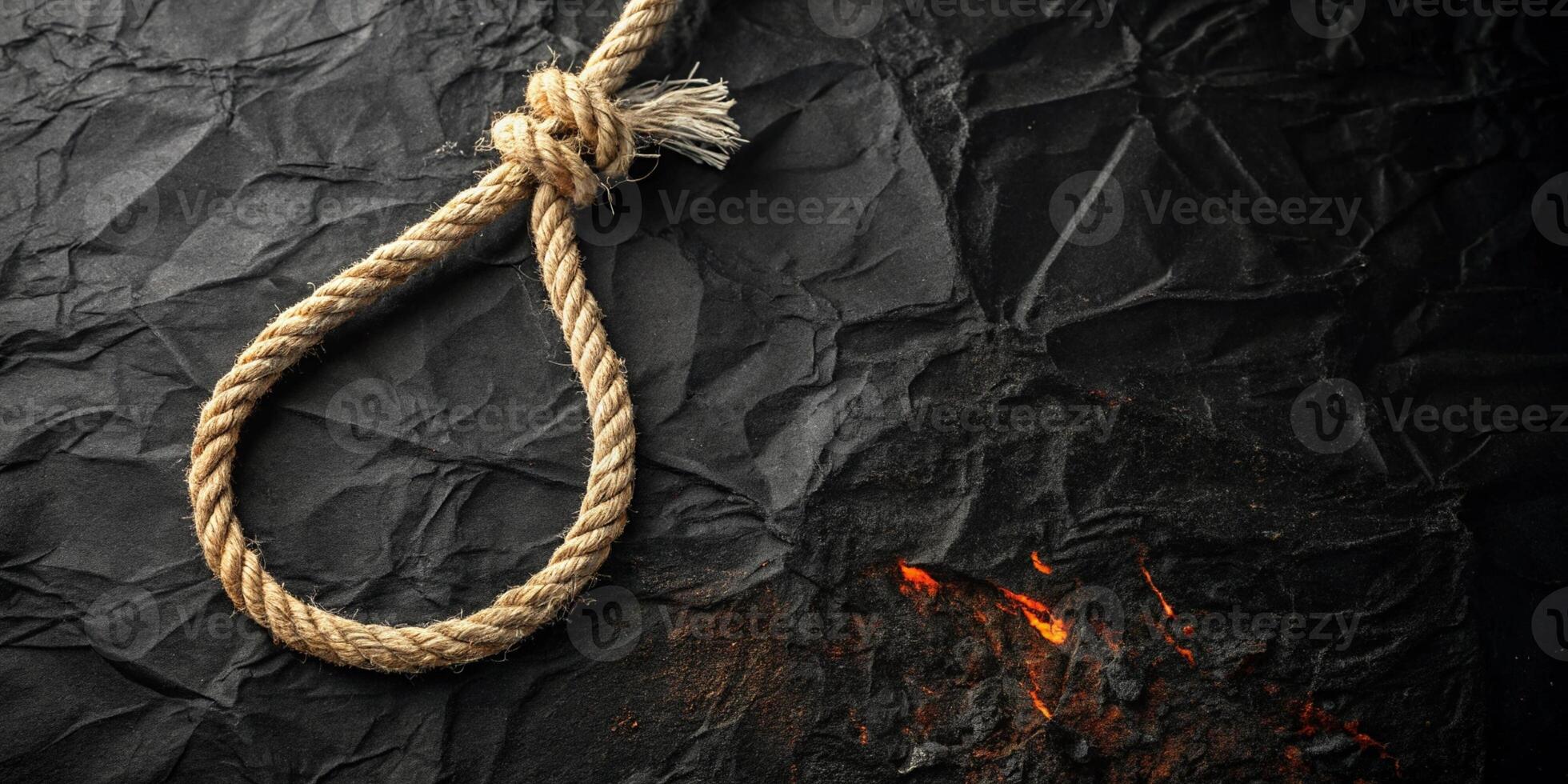 Rope noose on dark crumpled paper for dramatic business or conceptual use photo
