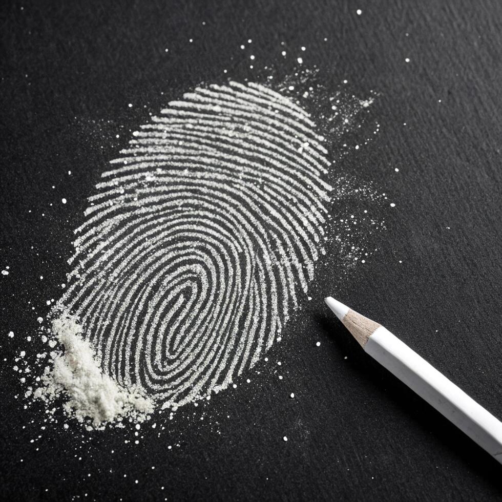Fingerprint outline on black background with scattered powder for forensic investigation for business photo