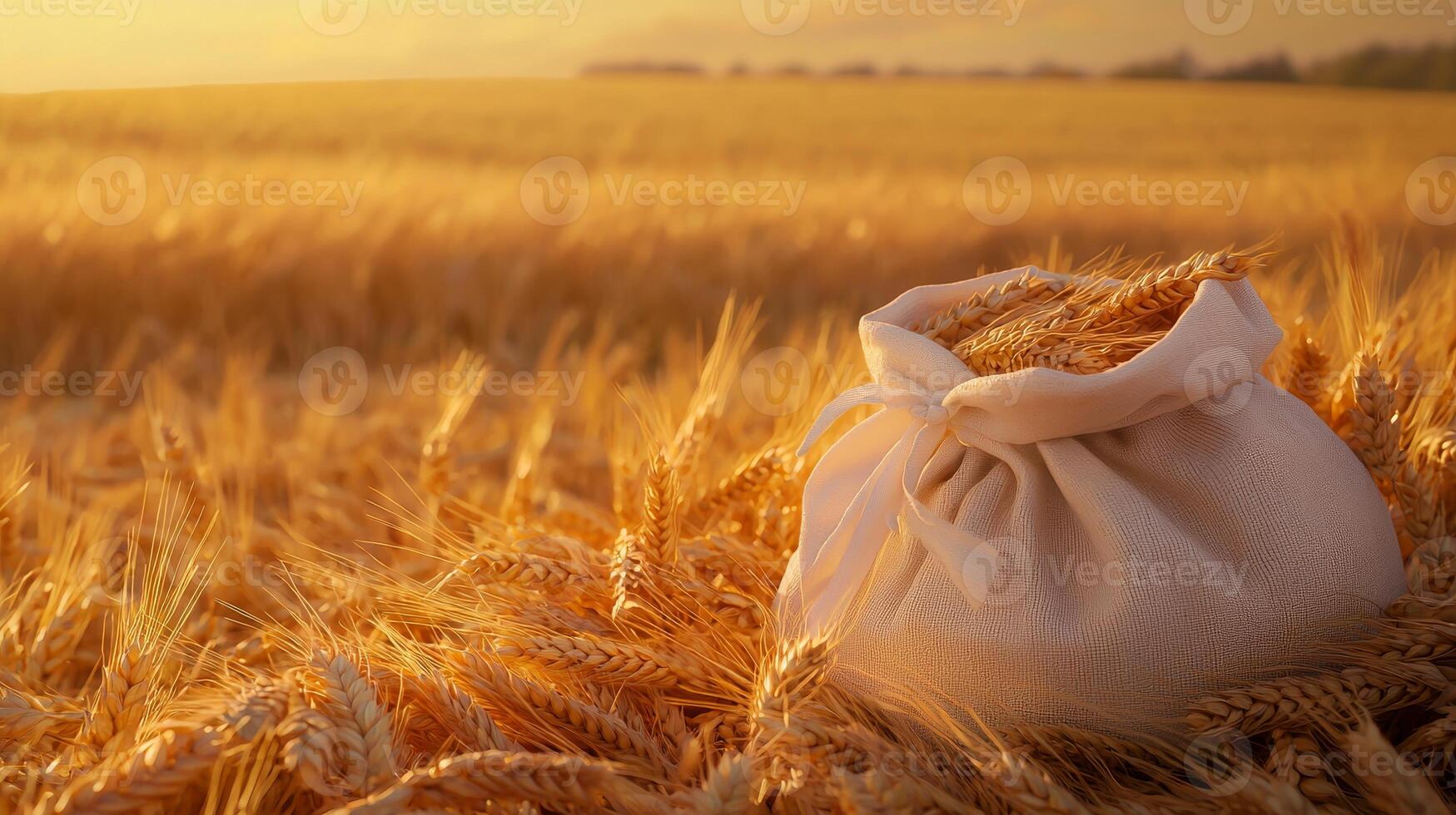 Golden wheat field with canvas bag full of ripe grain at sunset hour photo