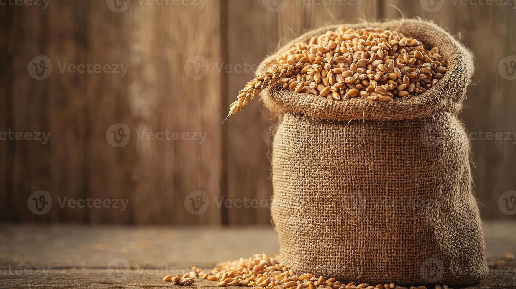 Harvest Bounty. Rustic Burlap Sack Overflowing with Golden Wheat Grains photo