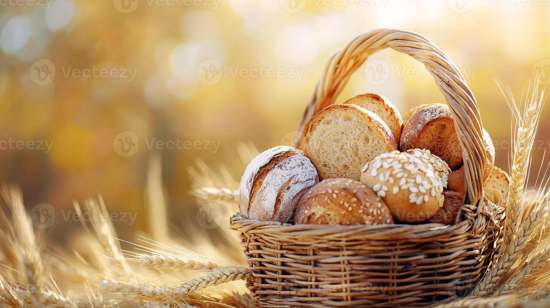 Artisanal bread assortment in wicker basket amidst golden wheat field photo