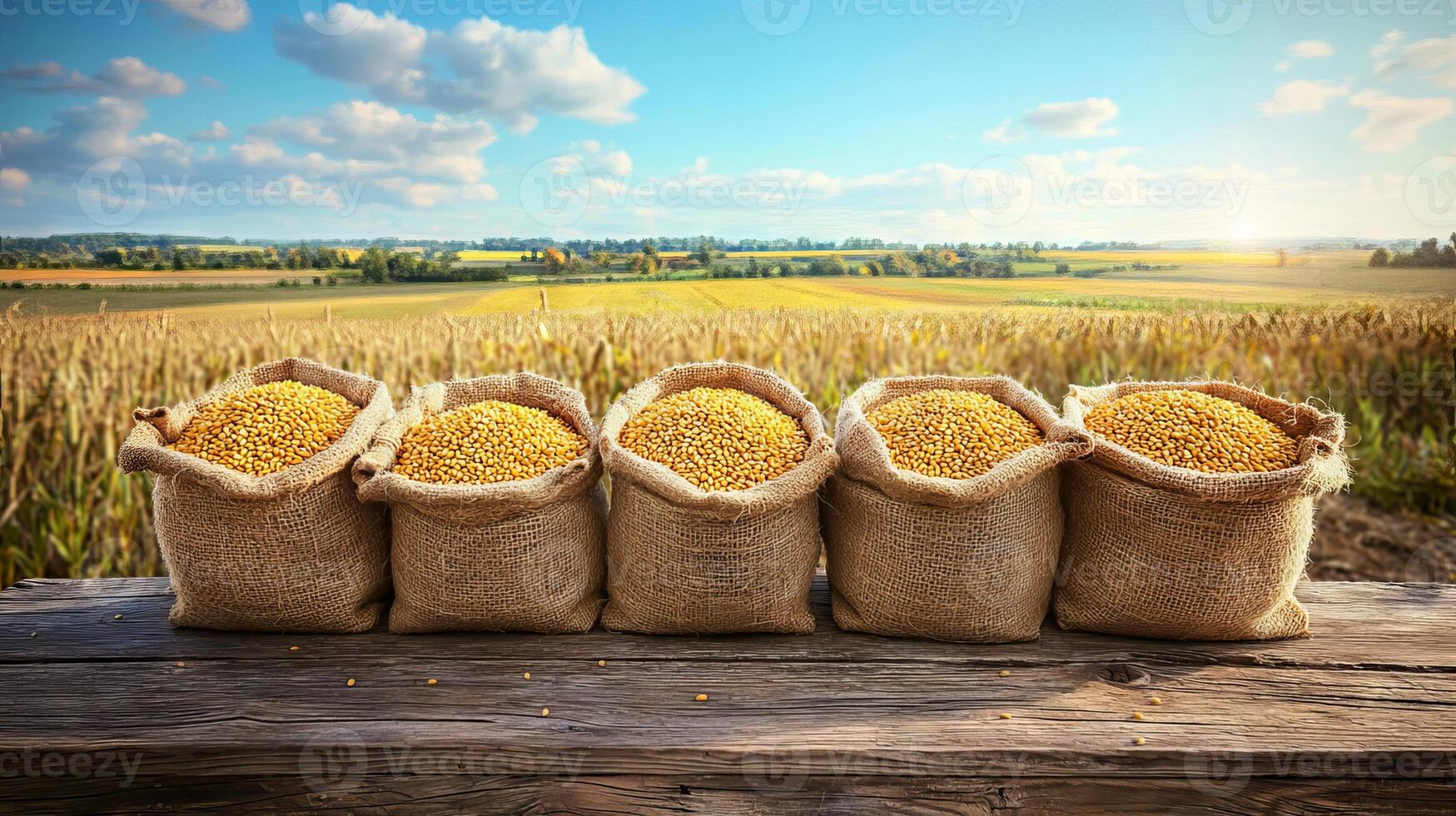Burlap Sacks Overflowing with Grain in a Picturesque Field photo