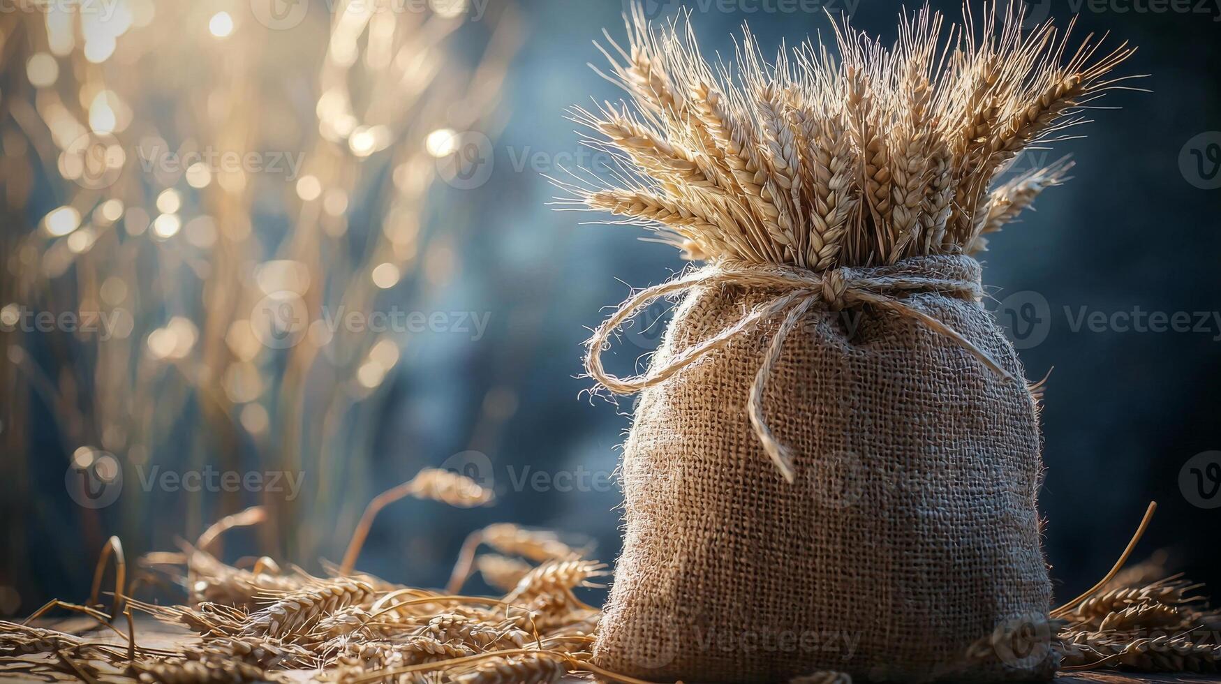 Rustic charm with burlap sack of wheat and golden field ambiance photo