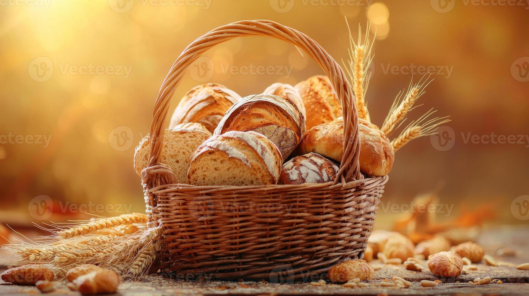 Artisan Breads in a Woven Basket with Golden Wheat Accents Backdrop photo