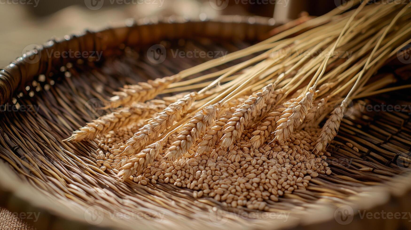 Wheat stalks and grains in rustic basket close up view photo