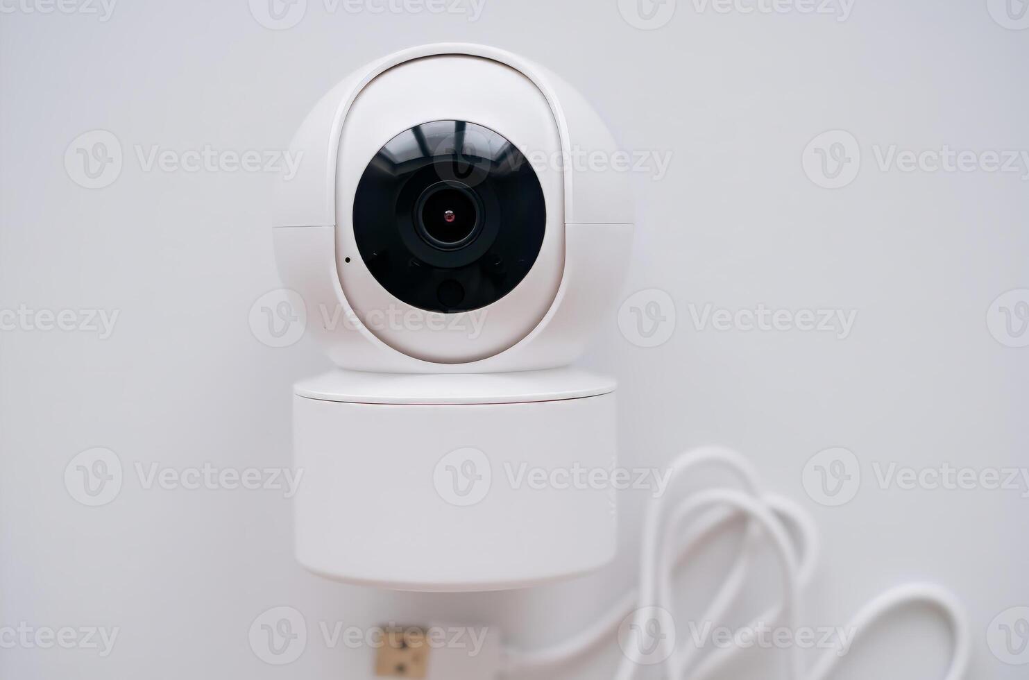 Close-up image of a modern white smart security camera mounted on a wall with a USB cable attached photo