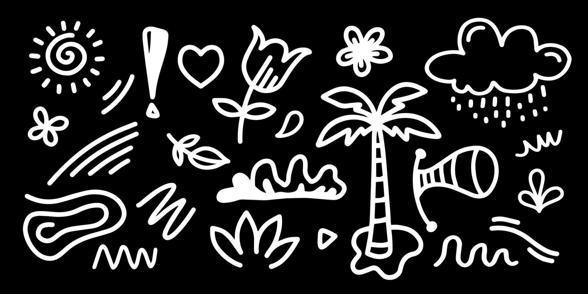 Cute kid scribble doodle icons set. Hand drawn childish funny simple illustrations. Flower, heart, cloud children draw style design on black blackground. vector