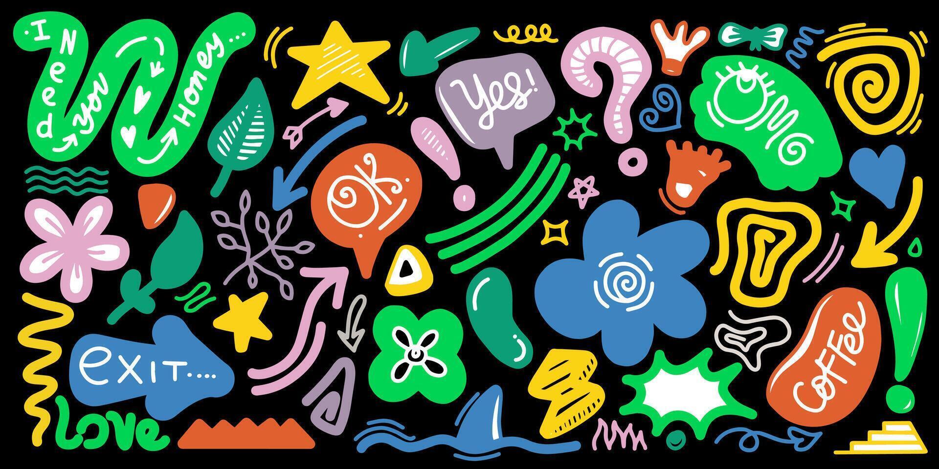 Naive cute abstract shapes sticker pack. Fun funky flowers, bubbles, stars, circles, eyes typography in trendy retro 90s doodle style vector
