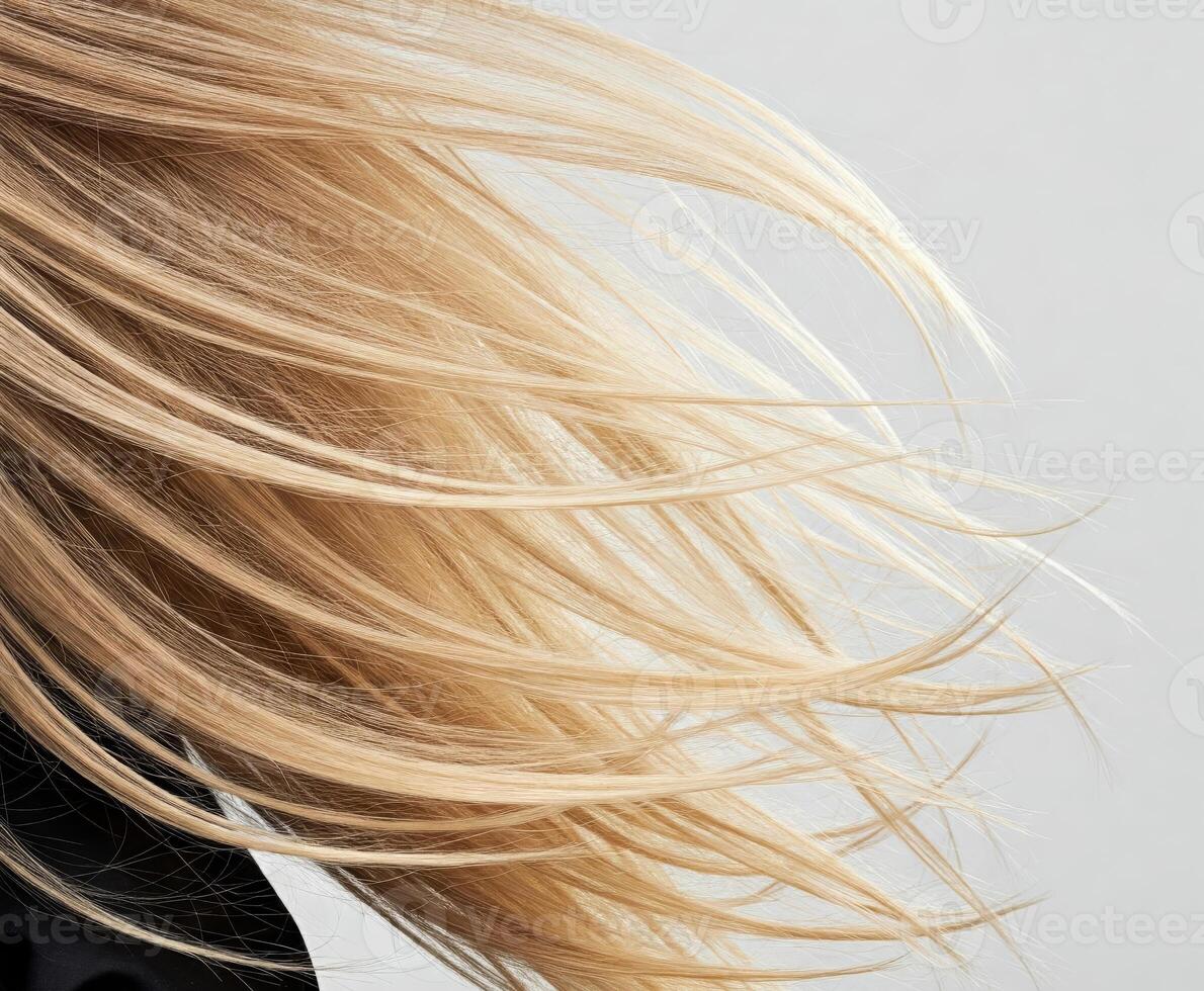 Close-up of wavy, shiny blond hair against a neutral gray background photo