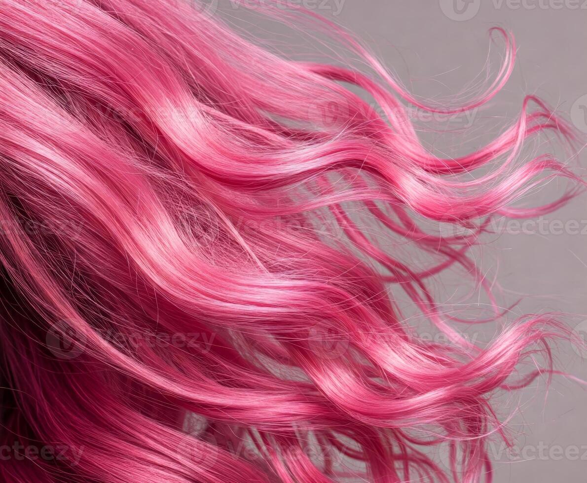 Close-up of wavy, shiny pink hair against a neutral gray background photo