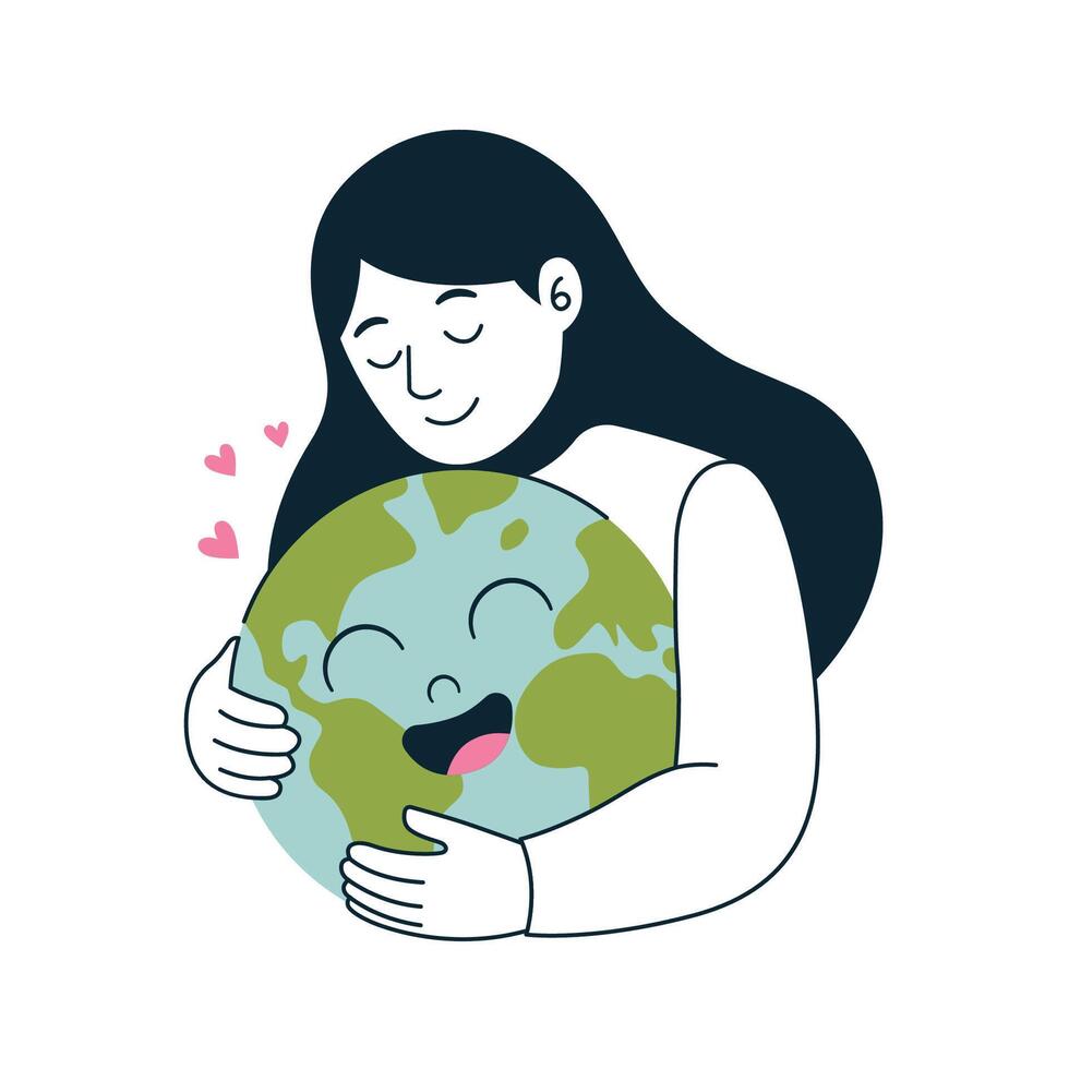 Smiling girl hug planet earth show care and love to environment and nature vector