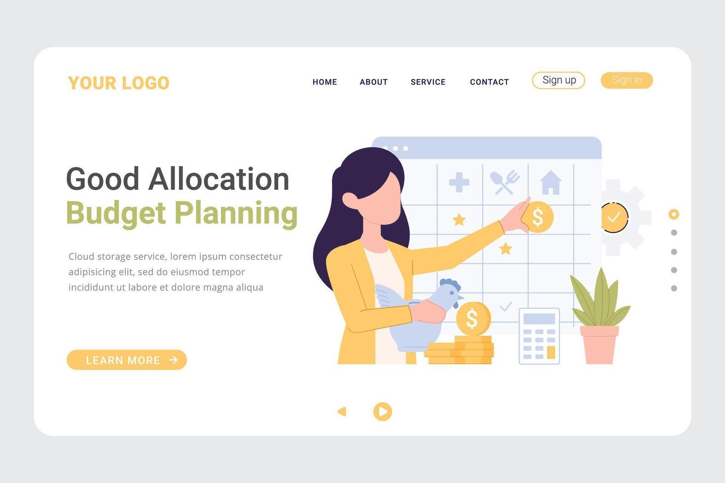 Landing page design template for financial budget planning service. Easy to edit and customize vector