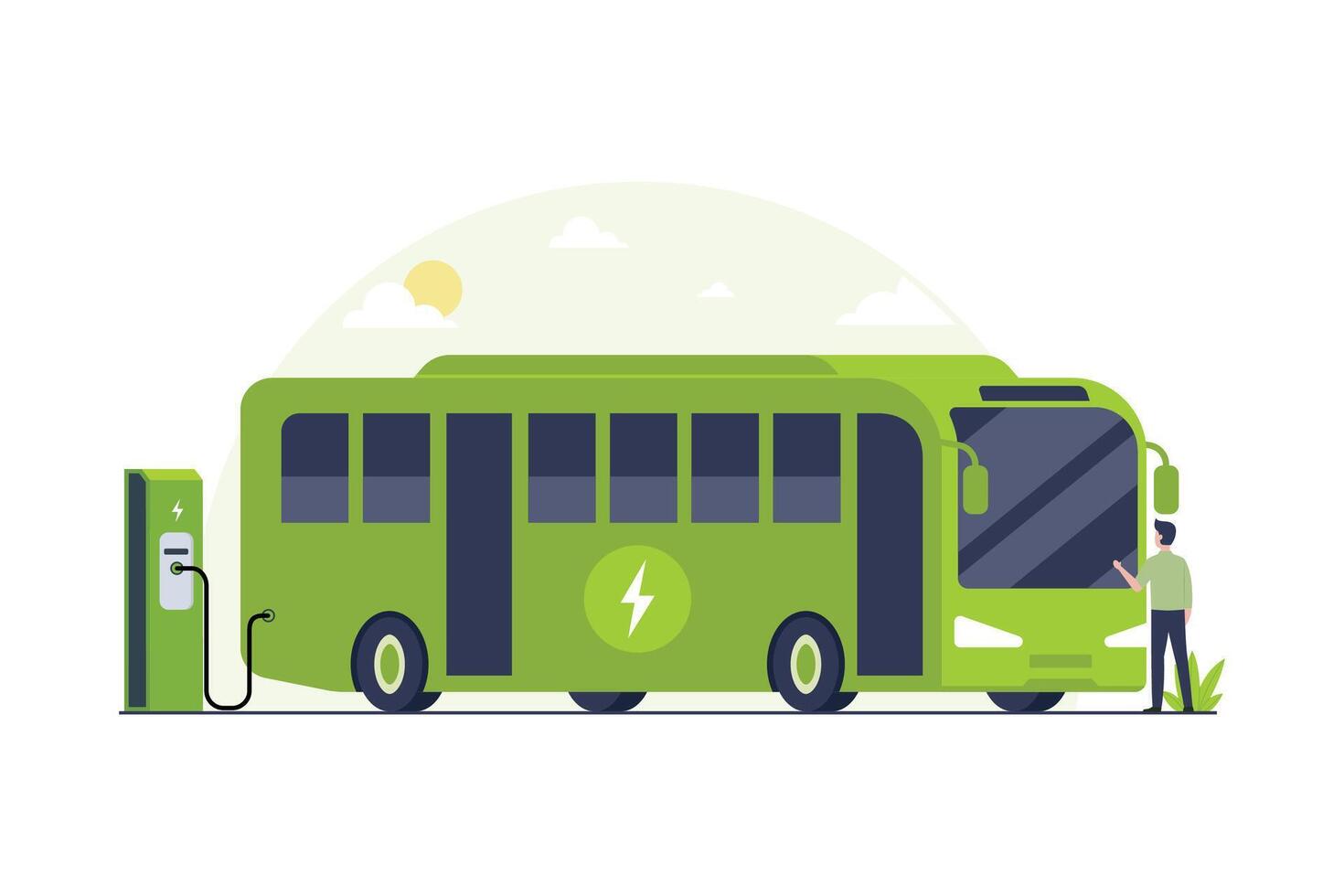 Green electric city bus charging at a power station illustration vector