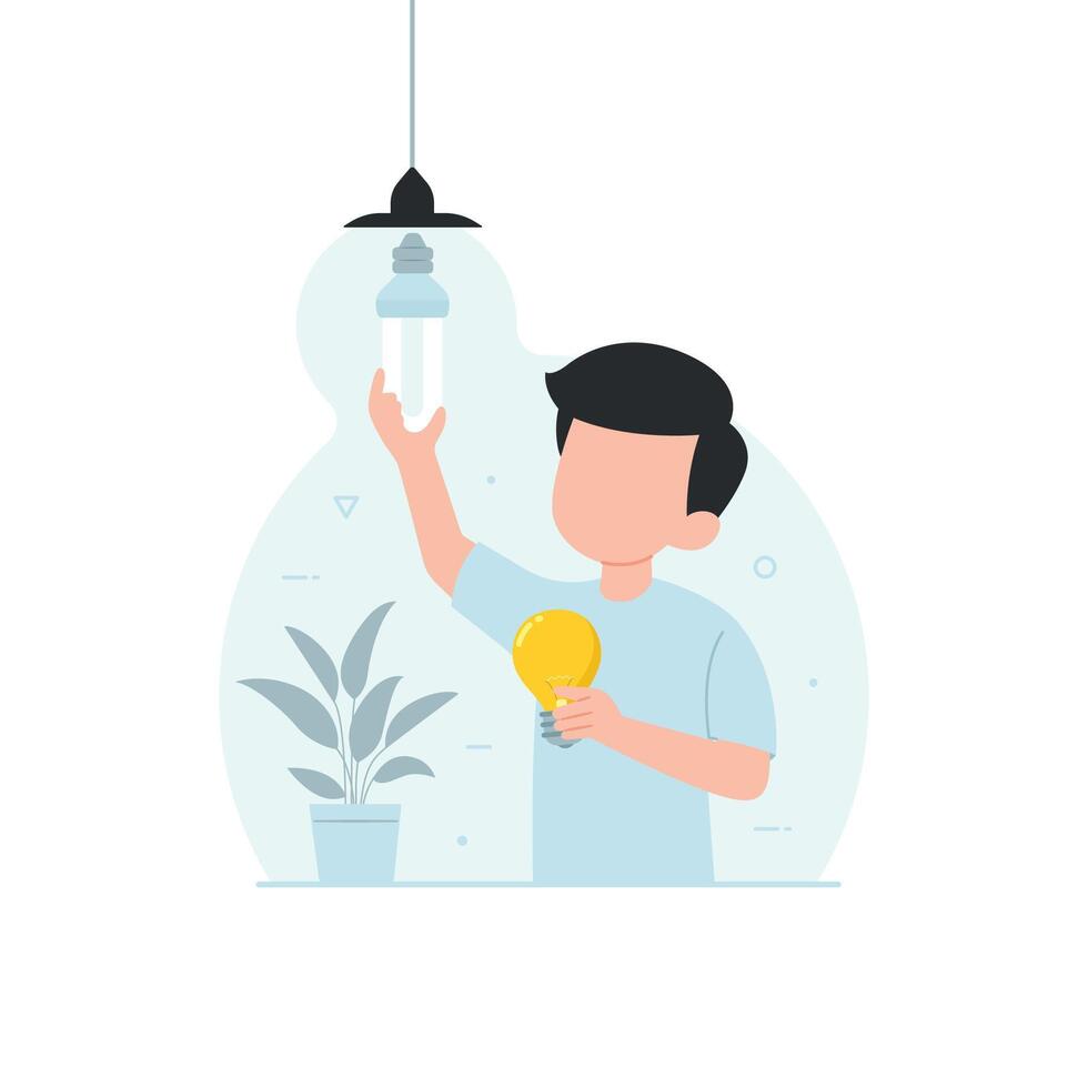 Men character reduce energy consumption with changing save energy lamp vector