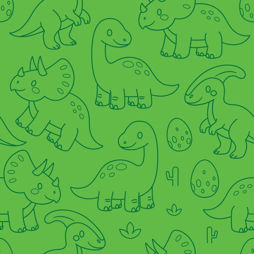 Cute adorable baby dinosaurs outline doodle seamless pattern illustration vector
