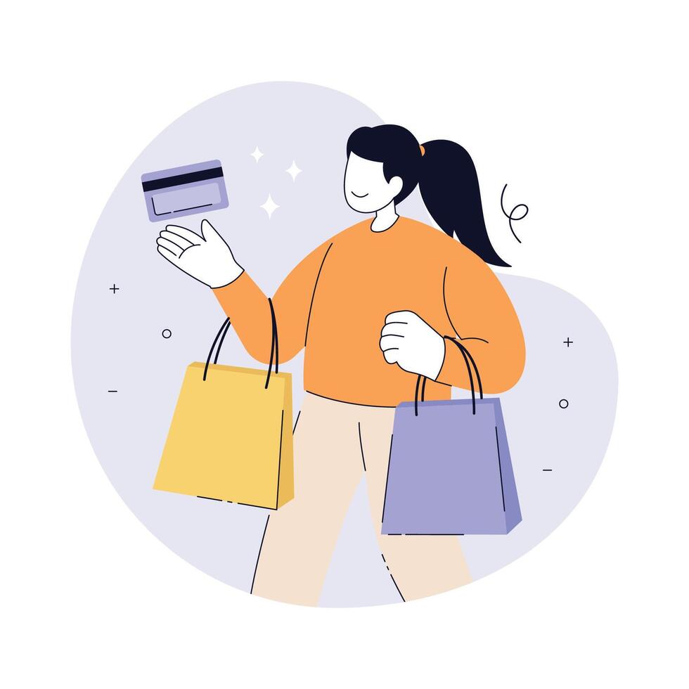 Woman shopping with bag and making payment with credit card vector