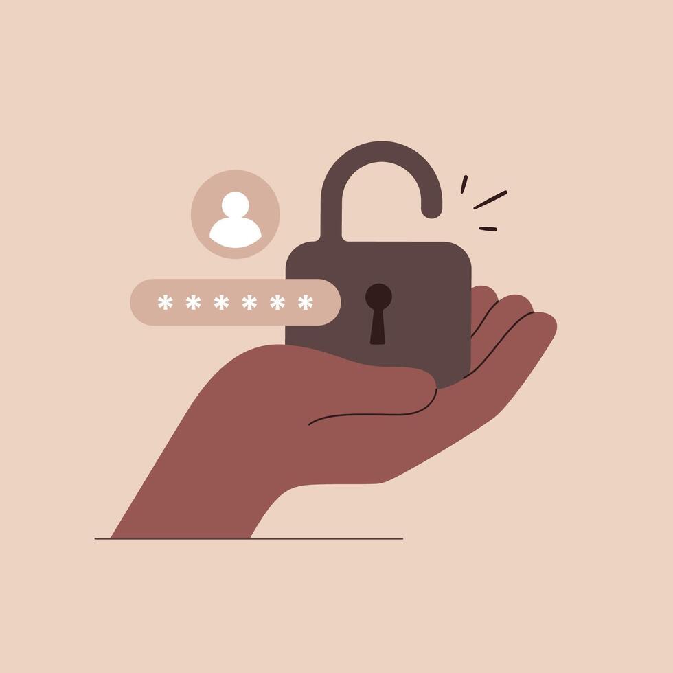Unlocking Identity with Secure Access. Hand holding an open padlock vector