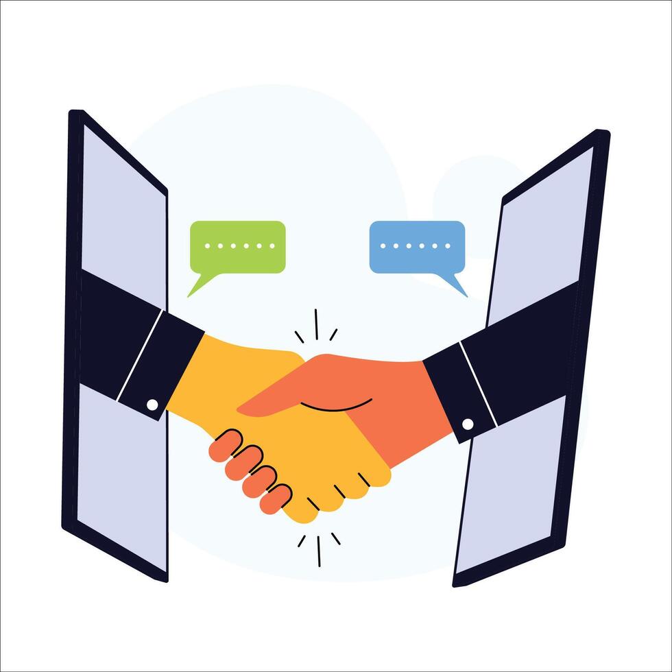 Virtual Agreement and Online Partnership concept illustration. Two hands shaking through screens vector