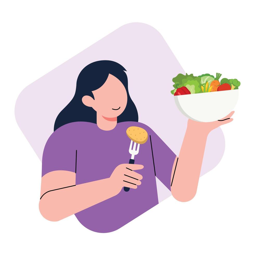 Woman holding a bowl of vegetables for a healthy and balanced diet vector