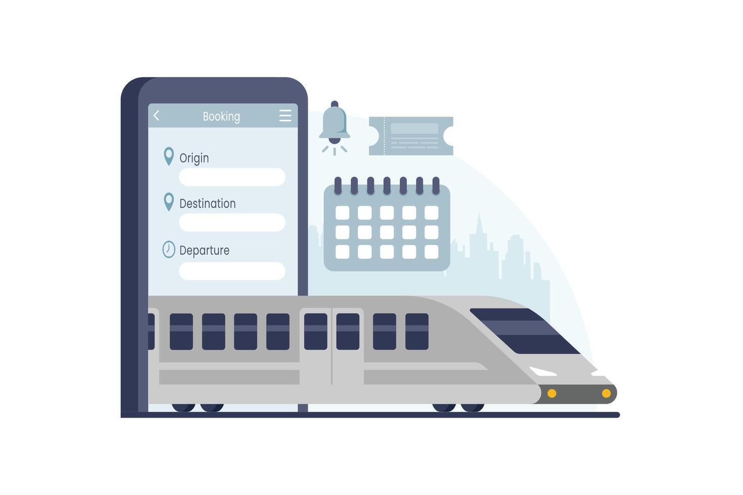 Train ticket online booking system. Commuter Train ticket booking concept, featuring a digital platform where users can book tickets via a mobile app illustration vector