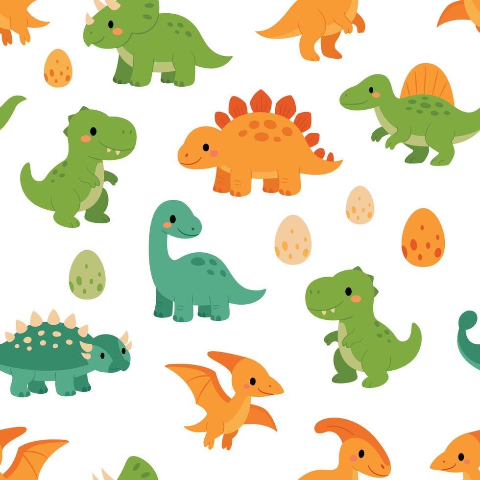 Cute baby dinosaurs seamless pattern flat illustration vector