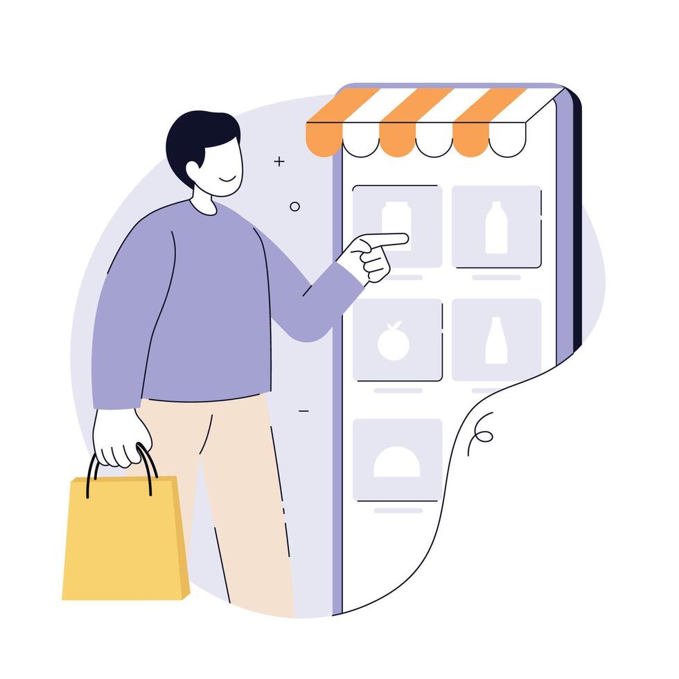 Man holding a shopping bag and online shopping with mobile App illustration vector