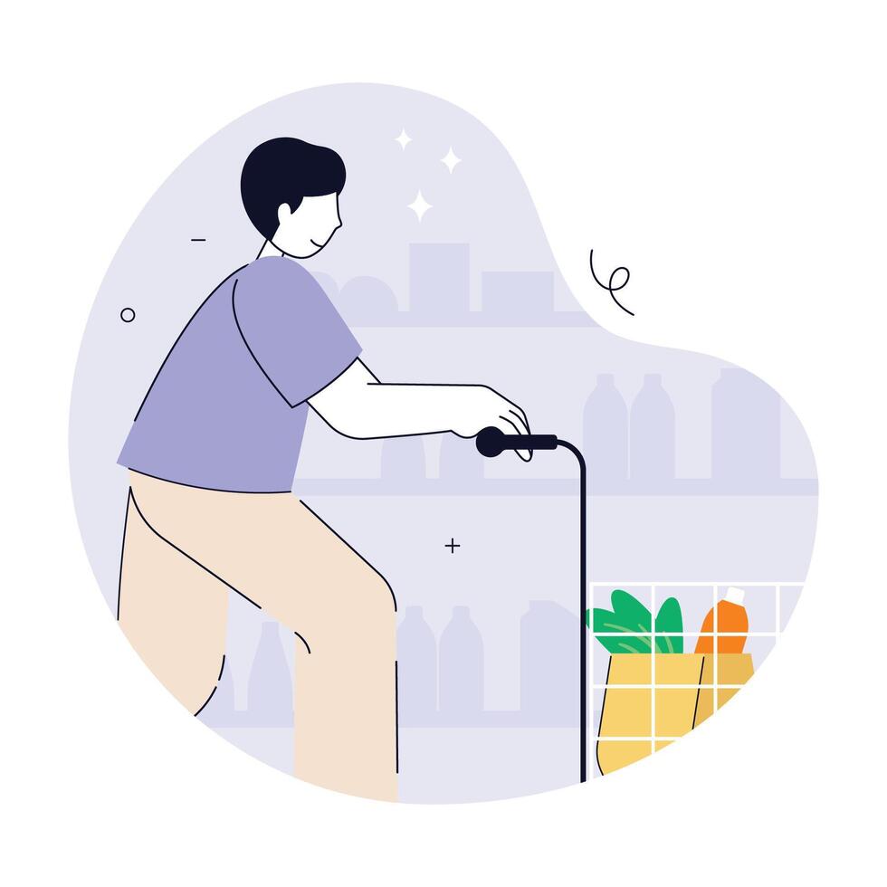 Man grocery shopping with cart illustration. Man pushing a shopping cart vector