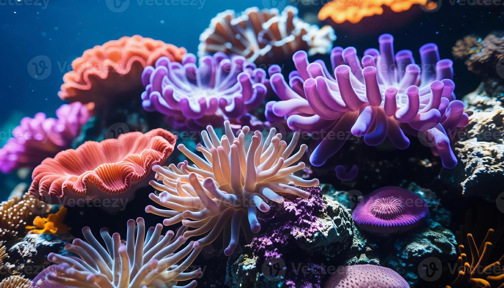 Underwater coral reef with pink purple orange and yellow corals in diverse marine ecosystem photo