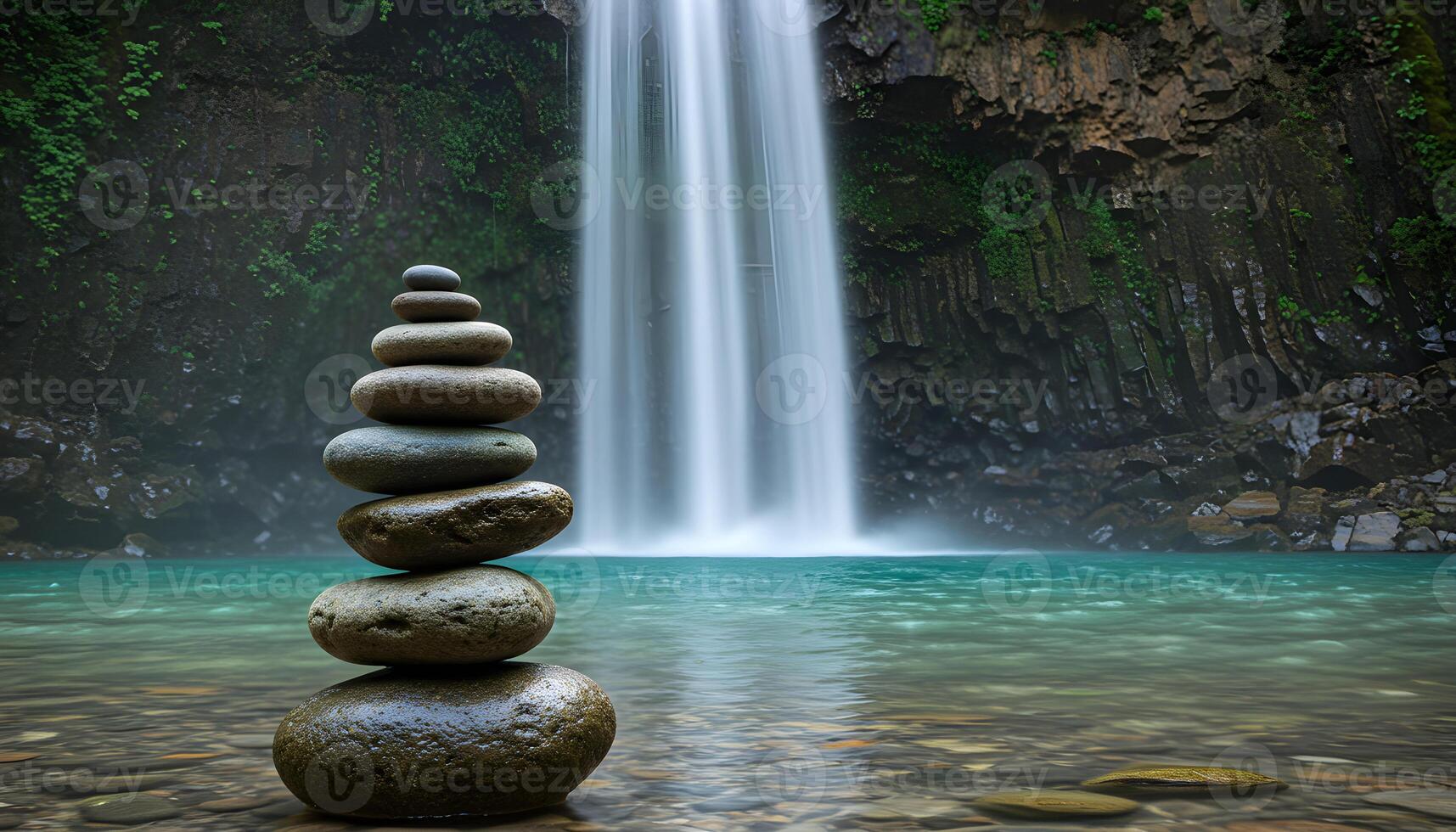 Zen stones stacked by waterfall with turquoise water and forest for calm natural balance photo