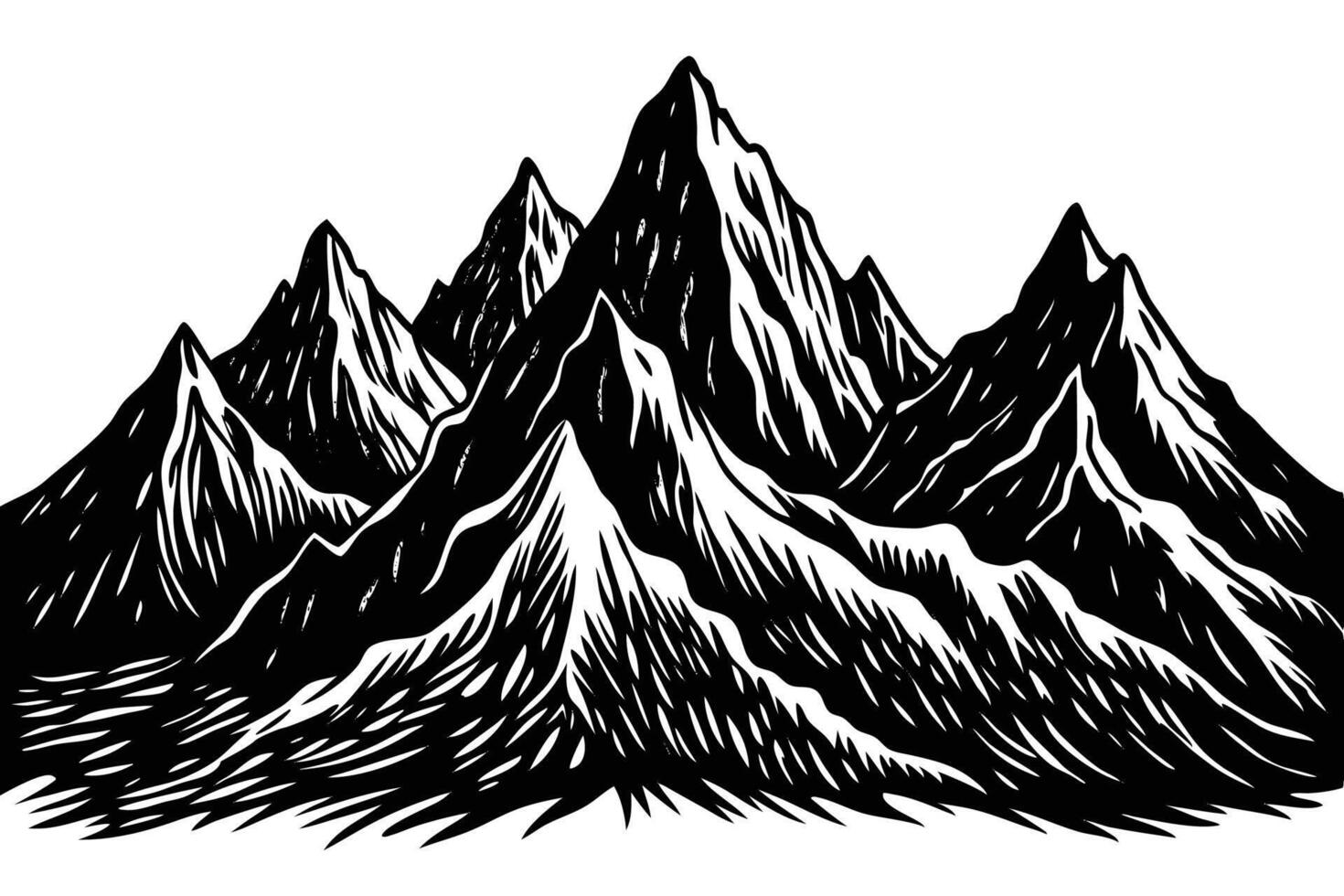 Hand drawn mountain range silhouette on white background vector