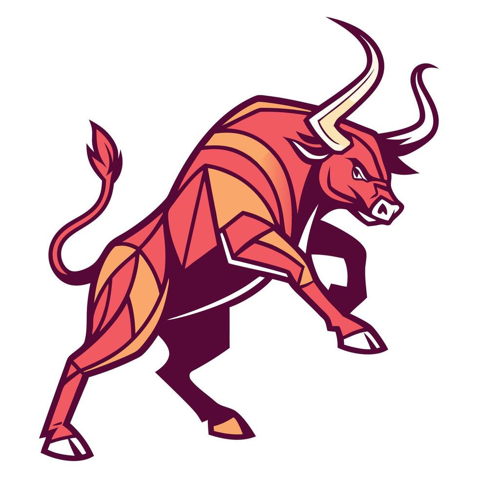 Red and yellow retro geometricstyle bull in an aggressive pose isolated on white background vector