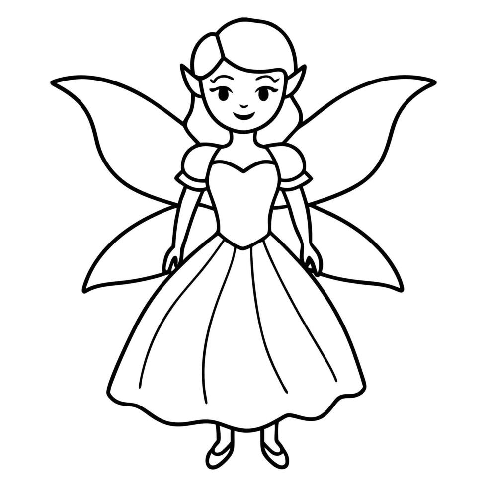 Fairy Girl in Beautiful Dress Outline for Colouring on white background vector