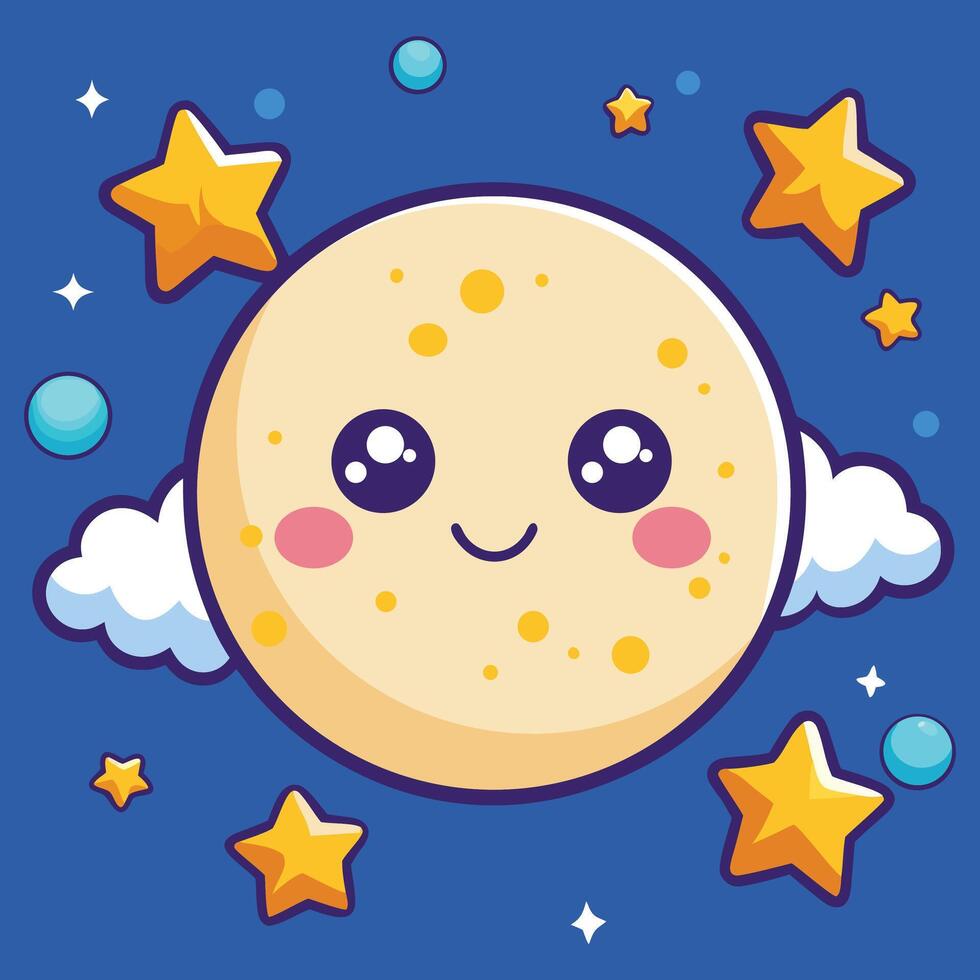 Happy cute cartoon full moon with happy stars and clouds illustration vector