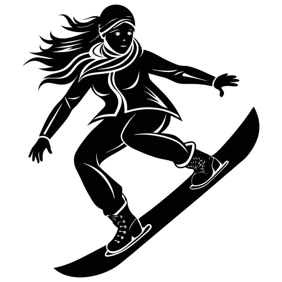 Silhouette of Snowboarding female isolated on white background vector
