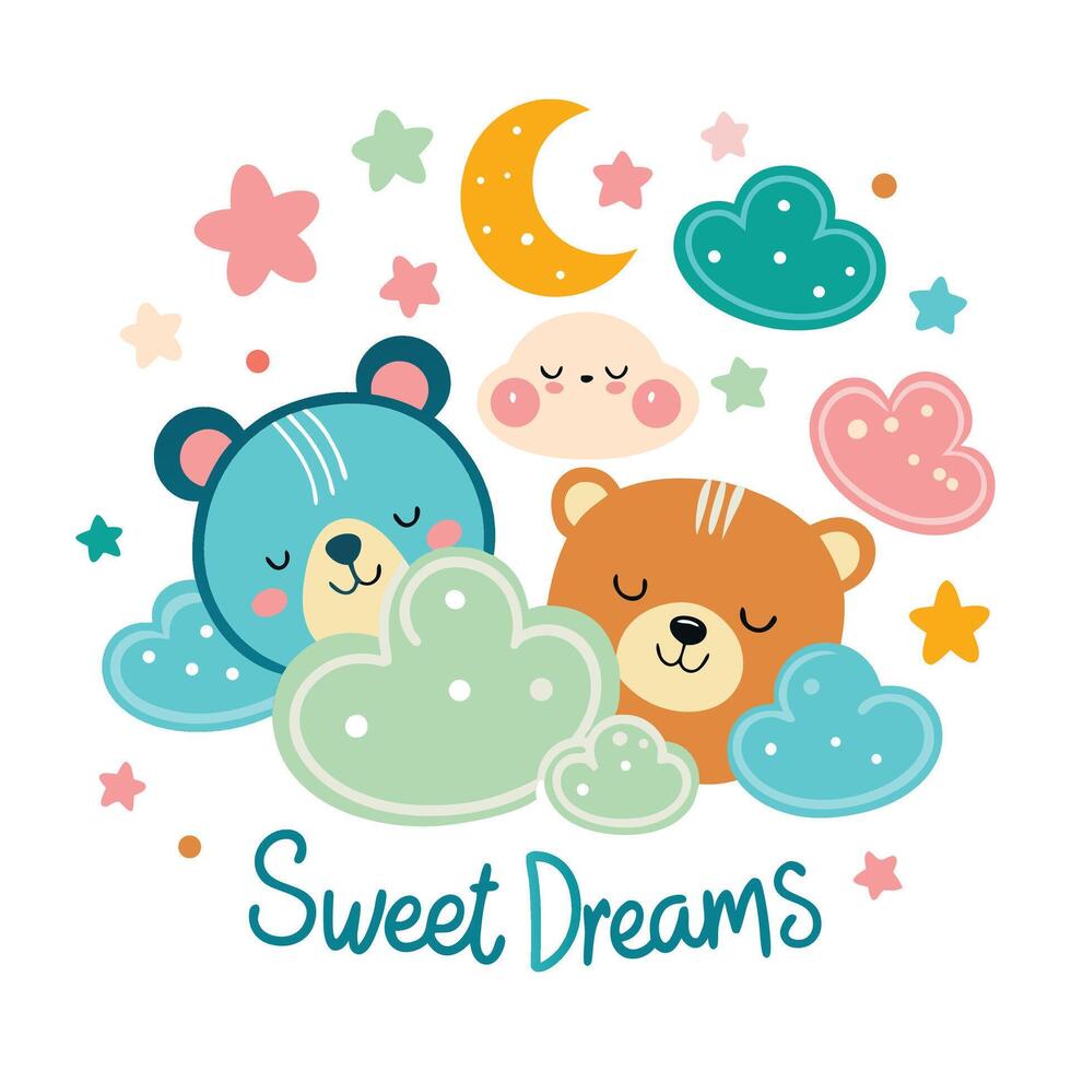 Sweet Dreams Baby bears and clouds clipart white background vector