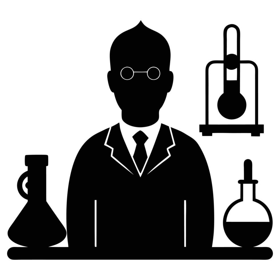 Scientist silhouette with laboratory equipmen on white backgrund vector